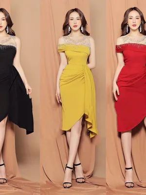 Đầm ôm body dự tiệc nhúng tà kết ngọc tua rua