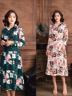 Đầm xoè cổ sơ mi tay dài hoa tiet channel sang trọng
