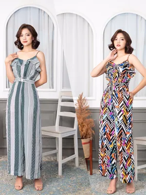 Jumpsuit hai dây quần ống rộng kẻ họa tiết siêu xinh