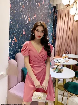 Đầm cổ chéo cổ V eo thắt nơ dài xuống lai