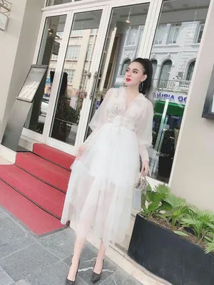 Đầm xòe tay dài phồng đính hoa 3D đẹp mong manh