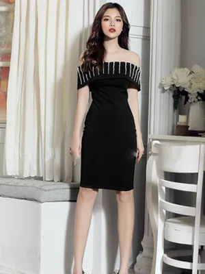 Đầm body trễ vai đính hạt cao cấp màu đen (có ren da)