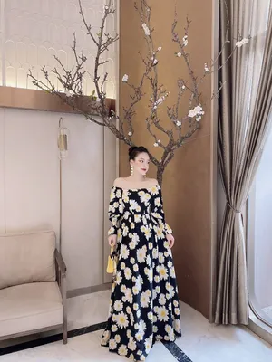 Đầm maxi tay dài trễ vai cúc họa mi mặc 2 kiểu