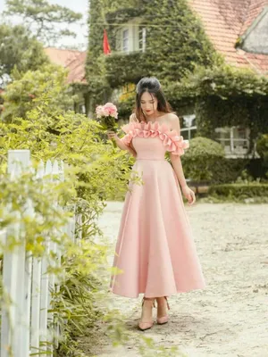 Đầm xòe trễ vai kết bèo nhẹ nhàng xinh xắn