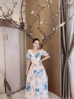 Đầm maxi bông cổ vuông tay thắt nơ dịu dàng