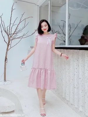 Đầm bèo lai sọc caro hồng form suông