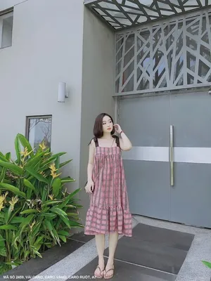 Đầm sọc caro 2 dây cột nơ vai bầu bì vẫn xinh