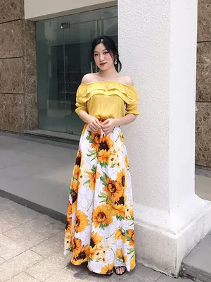 Set áo trễ vai chân váy dài vintage