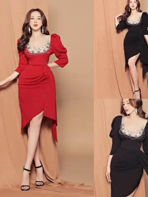 Đầm ôm body dự tiệc tà bèo cổ vuông sang trọng