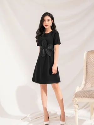 Đầm tay ngắn eo đính hoa may chỉ nổi sang trọng