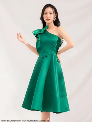 Đầm xòe cổ xéo vai đính hoa lớn xanh đen hồng sang trọng đẳng cấp