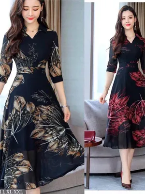 Đầm xoè trung niên cổ sơ mi tay lửng form dài