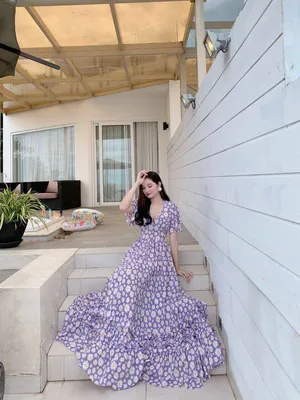 Đầm maxi hoa cúc tím cổ V quyến rũ