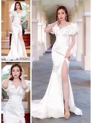 Đầm dạ hội thiết kế màu trắng trễ vai đính bông xẻ tà