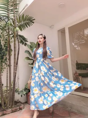 Đầm maxi họa tiết bông to tay phồng tiểu thư