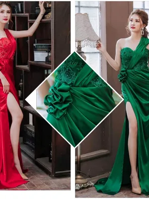 Đầm dạ hội một vai đính hoa eo bên phải màu xanh đỏ cá tính
