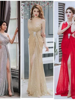 Đầm dạ hội kim tuyến lệch vai thiết kế xẻ đùi sexy quyến rũ