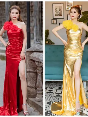 Đầm dạ hội thiết kế lệch vai đính bông trẻ trung