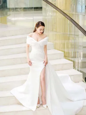 Đầm dạ hội cao cấp trễ vai màu trắng sang trọng