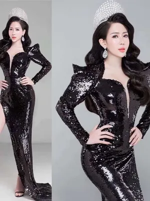 Đầm dạ hội kim sa vai nhọn phồng xẻ tà quyền lực