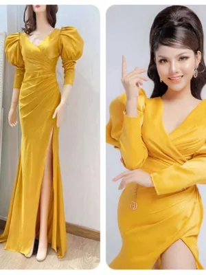 Đầm dạ hội cao cấp tay dài phồng cổ V đẳng cấp