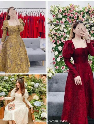 Đầm xòe gấm dài tay phồng hoặc trễ vai đều xinh