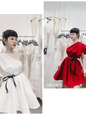 Đầm xòe lệch vai xếp ly tặng kèm belt xinh xắn