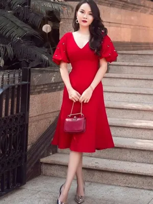 Đầm xòe dự tiệc cổ V tay ngắn dún