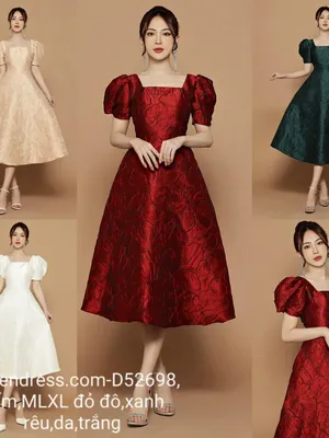 Đầm xoè gấm cổ vuông lich sự
