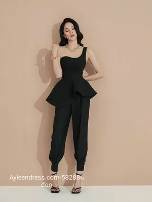 Set áo quần áo lệch vai quần rộng bo lai