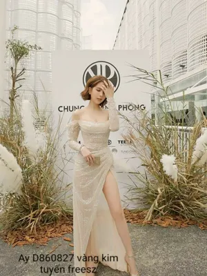 Đầm dạ hội kiểu cúp ngực phối tay dài xẻ đùi