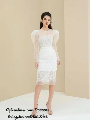 Đầm ren kiểu ôm body tay dài phồng phối lưới