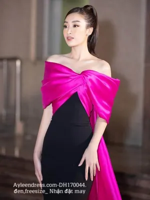 Đầm dạ hội cao cấp trễ vai phối màu đen hồng