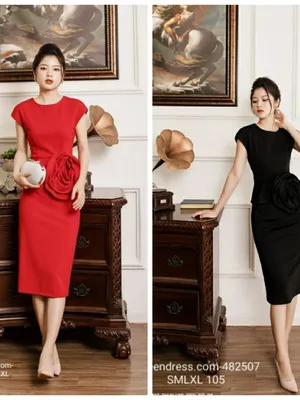 Đầm ôm body dự tiệc đính hoa hồng lớn bên eo
