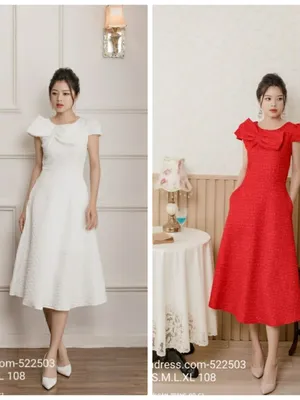 Đầm xòe gấm cổ thuyền đính nơ cổ sang trọng hiện đại