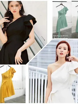 Đầm xòe dự tiệc kiểu lệch vai tay cánh tiên xếp eo
