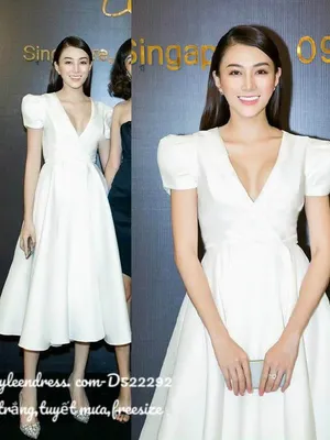 Đầm xòe cổ V màu trắng kiểu tay con chéo ngực