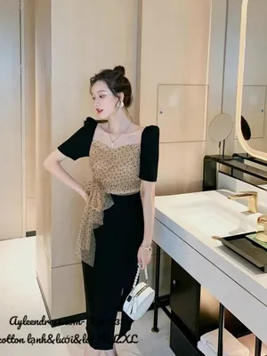 Đầm thiết kế có tay phối lưới ngực chấm bi thắt nơ eo