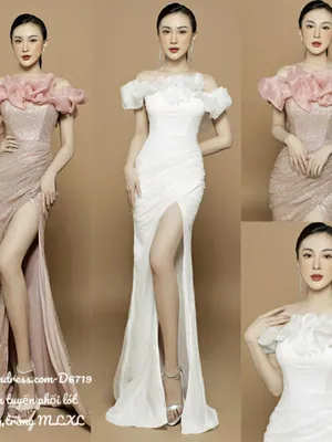 Đầm dạ hội kim tuyến trễ vai voan kiếng