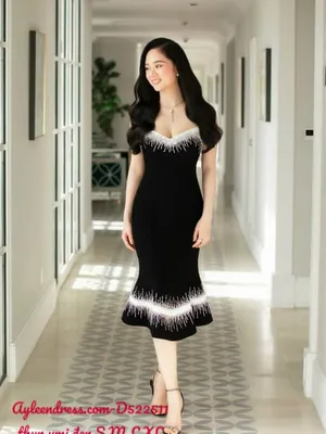 Đầm 2 dây màu đen kết cườm trắng sang trọng quyến rũ