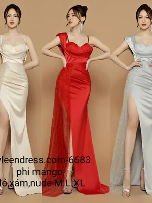 Đầm dạ hội lệch vai phối kim tuyến cách điệu dây
