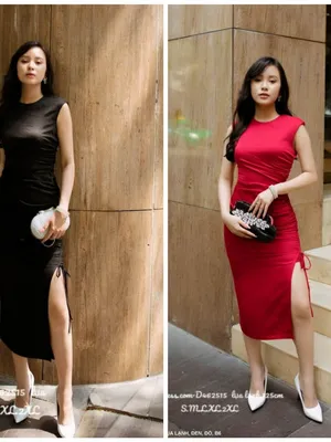 Đầm ôm body dài sát nách rút dây hông xẻ hông quyến rũ