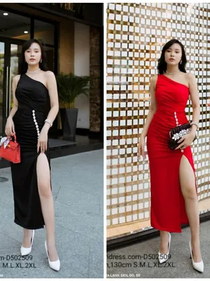 Đầm ôm body lệch vai cổ xéo dính hạt xẻ tà