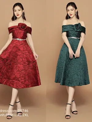 Đầm gấm xoè trễ vai (Belt rời)