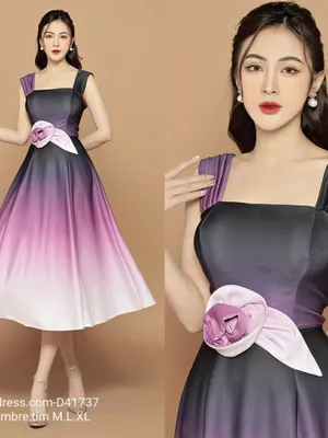 Đầm Ombre hai dây cổ vuông đính hoa eo