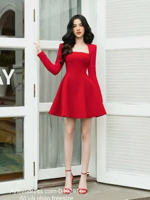 Đầm dáng xoè trên gối sát nách cổ vuông phối túi cao cấp