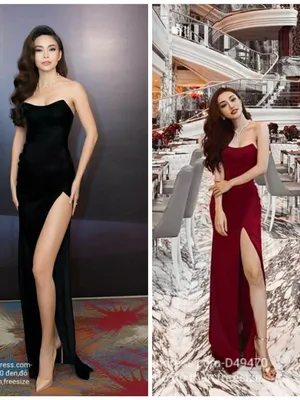 Đầm dạ hội kiểu cúp ngực xẻ tà cao đỏ đen