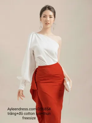 Set áo váy kiểu áo tay dài lệch vai váy bèo