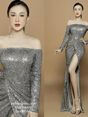 Đầm kim sa trễ vai dài tay sang trọng