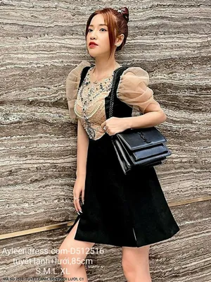 Đầm tay phồng phối lưới kết ngọc trước ngực